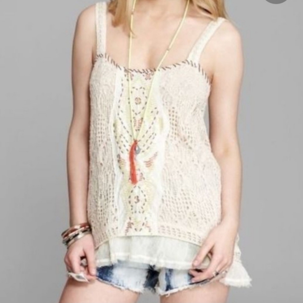 Free People Boho White Crocheted Detail Tank top